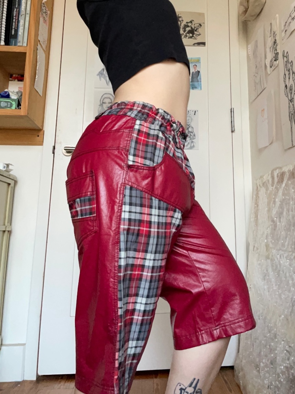 90s red vinyl/plaid shorts